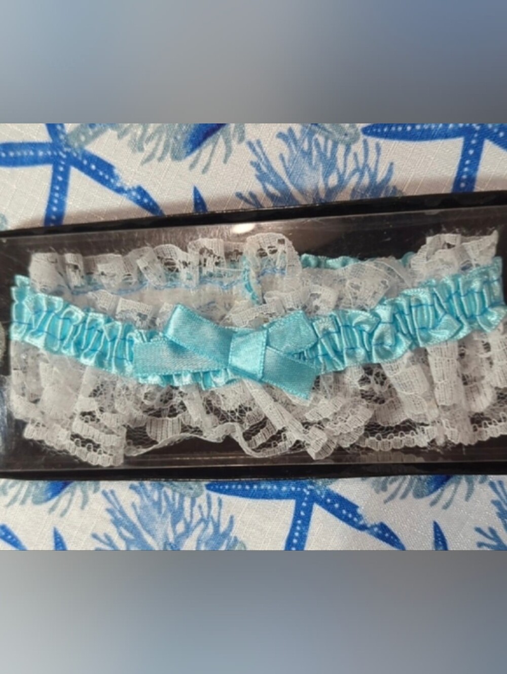 Vintage Dead Stock Never Worn In Original Box Wedding Garter White Lace Blue Bow